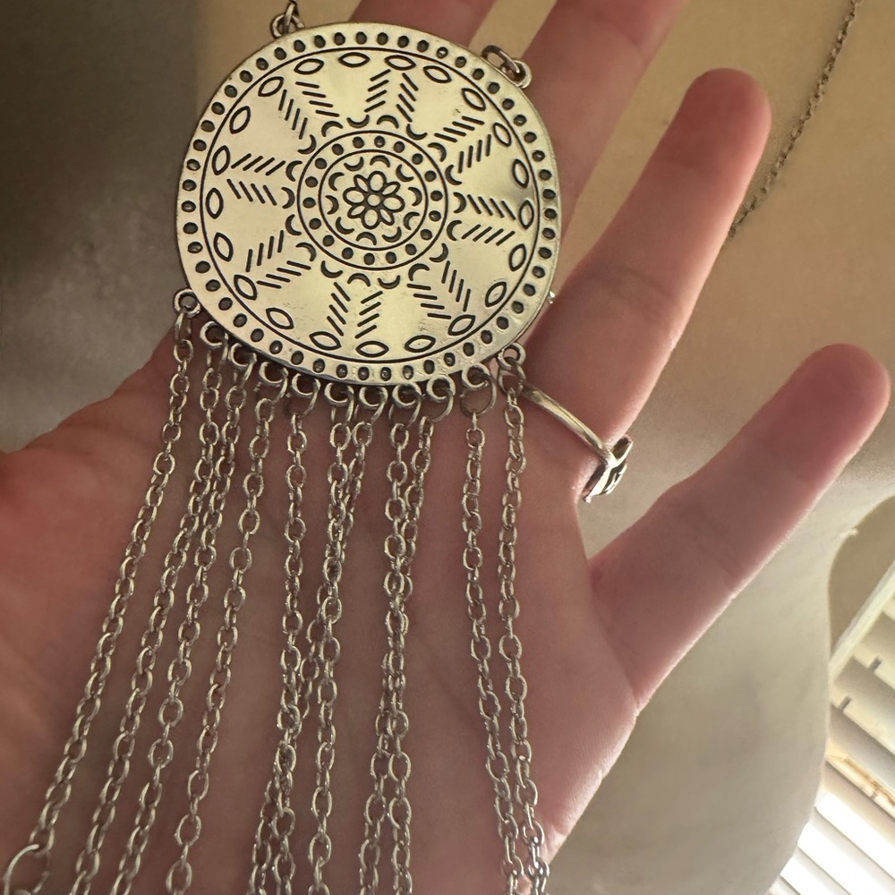 Silver Pendant Necklace with Chain Fringe